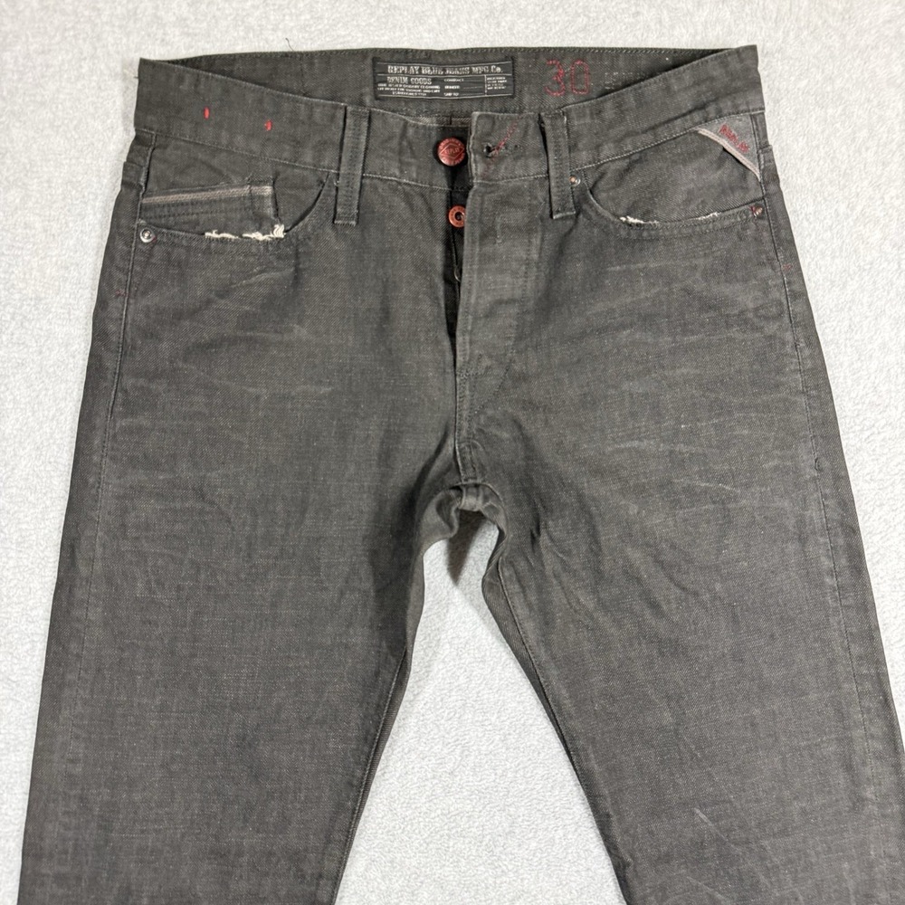 Replay Jeans Mens 30x32 Black Waitom Slim Fit Denim Button Fly Straight Pants - Picture 2 of 16